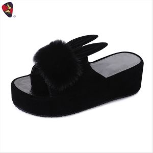 Katerina Fashion Korean Chic Plain Cotton Fluffy Rabbit Wedge Slippers With Square Toe For Women #K-207