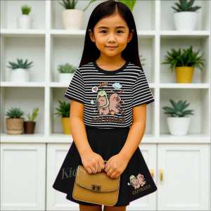 Setelan Baju anak perempuan Motif Capybara Kaos Salur & Rok Polos Untuk Usia 1-8 Thn Viral