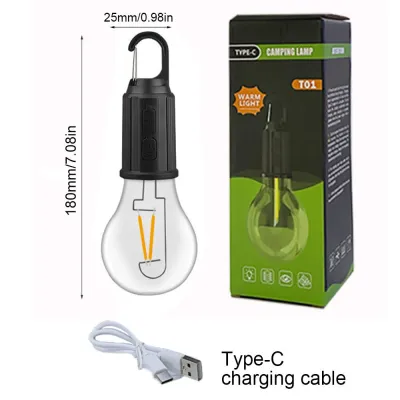 Solar/USB Outdoor Camping light Led Retro Lighting bulb solar camping lantern portable waterproof Tent camp lamp Type-C rechargeble 2 charging modes 3 Lighting modes Tungsten Light Tent Lamp with Clip Hook Emergency work light hiking camping set equipment