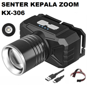 SENTER KEPALA LED ZOOM KX-306 4 MODE CAHAYA PUTIH RECHARGER USB TYPE C TAHAN LAMA WATERPROOF HEADLAMP MURAH BERKUALITAS MENDAKI MEMANCING BERKEMAH