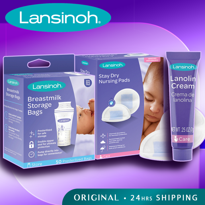 Lansinoh Stay Dry 100 Disposable Nursing Pads / 100 Breastmilk Storage Bags  / 3 Travel Size Lanolin Nipple Cream 7g tube / Nipple Balm