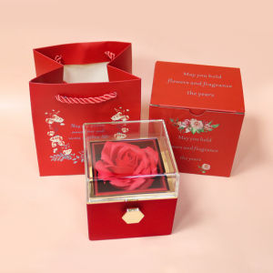 Valentines Day Rotating Rose Gift Box Leather Flower Rose Gift Set with Gift Box Bag for Girlfriend