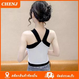 [COD] CHENJ Ship within 24 hours เสื้อกล้ามถักผู้หญิงเซ็กซี่แขนกุดเข้ารูปสีตัดกันฤดูร้อน