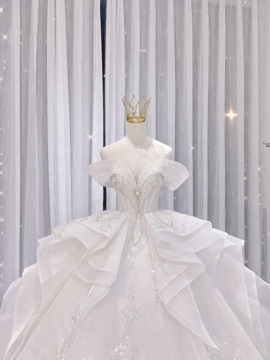 Váy cưới lụa phi trơn phong cách Hàn quốc,cổ điển sang trọng