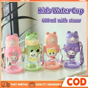 600ml Kids Cartoon Water Bottle with Straw Students Large Capacity Straw Water Cup