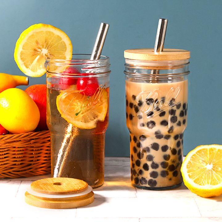 BAIZHANG with Straw Glass Boba Cup Bamboo Lids Transparent Glass Bubble