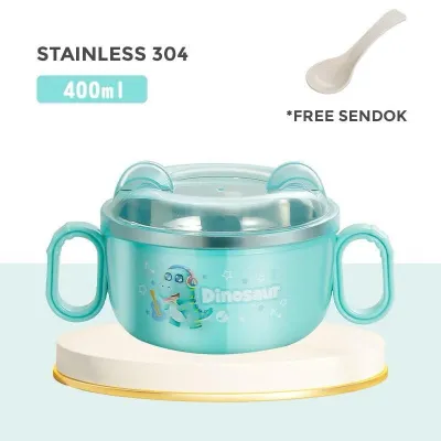CLAIYDREAM Mangkuk Makan Anak Karakter Stainless Tutup Anti Tumpah Mangkuk Tahan Panas Tempat Makan Anak Bayi Lucu FREE Sendok