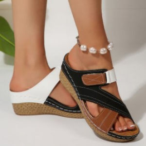 [Free Shipping] WomenS Summer New Style Fish-Mouth Color-Blocked Thick-Soled Wedge Sandals With Velcro Straps