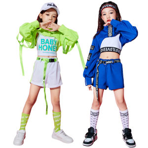 LOLANTA 3Pcs Girls Clothes Crop Tops +Vest+Pants Sets Children Fashion Stage Performance Hip Hop Dance Outfit Sport Casual Green Blue