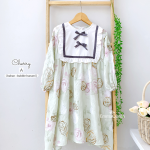 EmmaQueen - Dress Cherry Kids Gamis Anak Perempuan Motif Cantik XS Tangan Karet Resleting Belakang