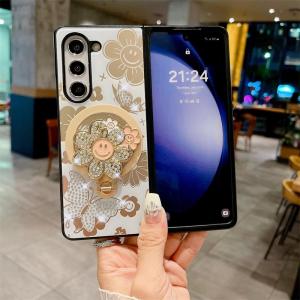 Case for Samsung Galaxy Z Fold6 Fold 6 Z Fold5 Fold 5 Z Fold4 Diamond-encrusted Smiley Face Flower Bracket Folding Screen Back Cover Fine-hole Camera Protection Drop-proof Shockproof Protective Case