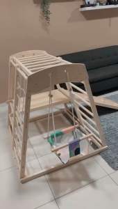 KiddieStore Solid Wood Indoor Playground Children Climbing Frame Indoor Gym Playset ( Include - Swing + double side board (Slide and climbing) + ring)