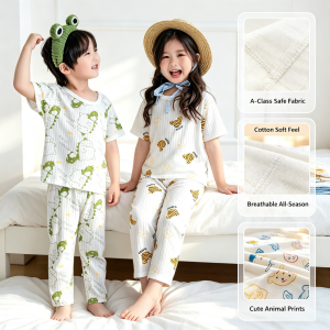 AILEBE Kids Pajamas Terno Cotton Short Sleeve Sleepwear Set Soft Breathable Lightweight All-Season Summer Pajama Cute Prints Comfy Pambahay Pantulog For Baby Boys Girls 0-10 Years