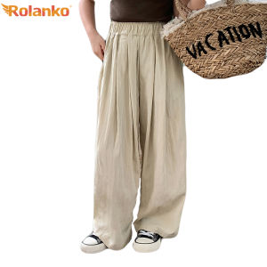 Rolanko Children Girl Plain Elastic Waist Long Pants Cotton Summer Casual Straight Wide Leg Loose Trousers for 4-14 Years Kid Girl