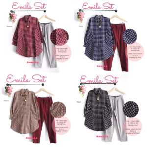 Setelan Kemeja Tunik Motif Kotak Dan Celana Katun Wanita Dewasa Emila Set_Ti Amo