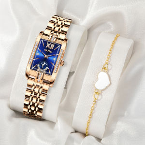 SKMEI 【Free Gift Love Necklace】Watch for Women Elegant Temperament Steel Strip Luxury Waterproof Square Quartz Watch Butterfly Buckle Ladies Quartz Wristwatch