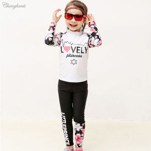 Swimming Suit for Children Rash Guards for Kids Girls Two Pieces Swimwear for Girls Sandy Swimming Outfit for Baby 2-10 Y White or Black with Flowers Letter Pattern with Swim Cap