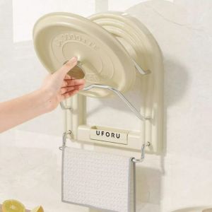 Giá Treo Nắp Vung Nồi Dán Tường Giá Kệ Để Nắp Vung Xoong Nồi Có Thanh Treo Khăn Lau Bếp Tiện Lợi