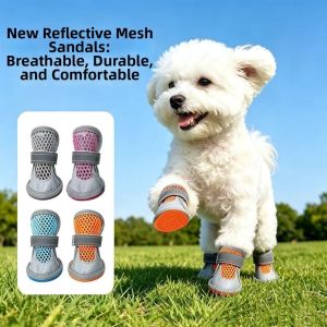 OUTOPEN 4Pcs Wear Resistant Dog Mesh Shoes Non-Slip Breathable Puppy Foot Covers Fashion Adjustable Strap Pet Net Boots Outdoor