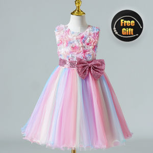Rainbow Pink Purple Gown Pastel Color Dress Girls Summer Sleeveless Embroidery Short Tutu Skirt Flower Girl Princess Dresses