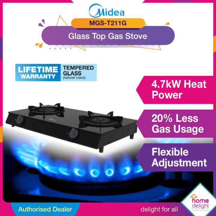 Midea Tabletop Glass Top Gas Stove 2 Burner 4.7kWh (SAVE 20 GAS) [ MGST211G / MGST211G ] Lazada