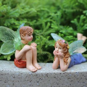 MUKANG 2pcs Resin Flower Fairy Statue Mini Cute Garden Sculptures Small Ornament Creative Miniature Figurines Courtyard