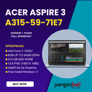 CORE I7 GEN 12 - ACER ASPIRE 3 A315-59-71E7 - RAM 24GB - SSD 512GB - I7-1255U - 156" FHD - WIFI 6 - FREE INSTALL WINDOWS 11 - INTEL IRIS XE GRAPHICS