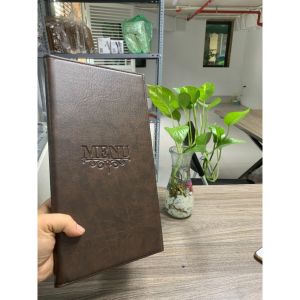 BÌa menu nhỡ A4 in chìm 10 lá màu đen nâu cho nhà hàng khách sạn