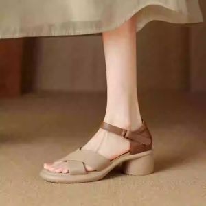 Soft Leather Single-Strap Roman Sandals For Women 2025 New Summer WomenS Shoes Thick-Soled Chunky High Heels
