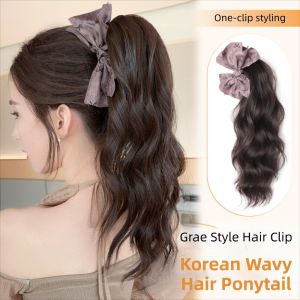 NBANLIKE Butterfly Knot Coffee Bow Wig Ponytail Synthetic Claw Clip Pony Tail Hair Piece Vintage Layered Wave Curly Hair For Women
