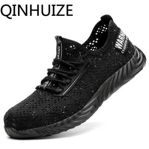 QINHUIZE 2019 new summer lightweight breathable protective shoes mens steel toe caps anti-smashing stab flying woven large net safety shoes steel toe work safety boots