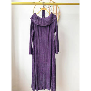 Miyake High-end pleated dress with shiny fabric elegant off-shoulder design #1874