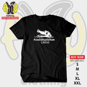 Baju Distro Kaos Sablon Gambar Tulisan ASALAMUALAIKUM UKHTY Katun Combed 30s Lengan Pendek Hitam Ukuran S M L XL XXL