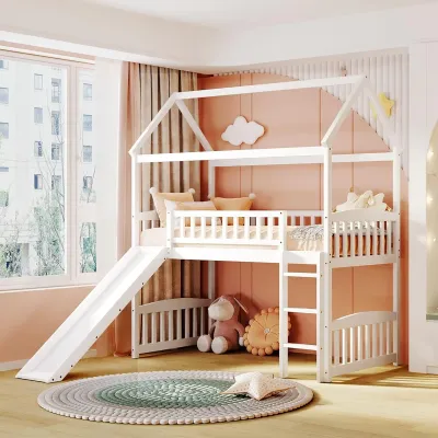 {fyjgyj} Twin Loft Bed with Slide for Kids House Loft Bed Frame with Ladder and Guardrails Wood Loft Beds for Kids Boys Girls No Box