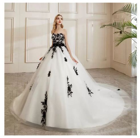 Wedding Dress Vintage Hitam Putih Bola Gaun Pengantin Gaun Kereta