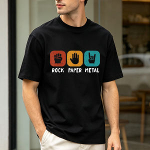 Rock Music Pun Graphic Tee Men Rock Paper Metal Hand Sign Design Heavy Metal Enthusiast Guy Daily Trendy Casual T-Shirt