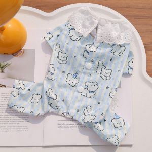 ZENO Button Down Design Dog Pajamas Strips Pattern Cotton Pet Sleepwear Soft 4 Feet Style Indoor Lounge Wear For Small Dogs
