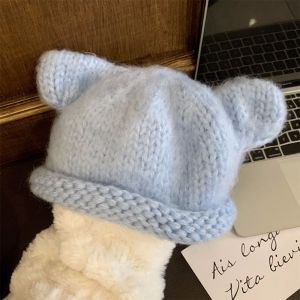 HULEQQI Soft Bear Ear Woolen Hat Y2K Fluffy Brimless Beanie Cap Versatile Acrylic Fibres Knitted Pullover Hat Winter