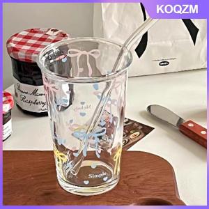 KOQZM Bow Glass Cute Water Cup Cartoon Bow Glass Cup Striped Cute Doodle Coffee Mug Household Fruit Tea Lemonade Girls Gift