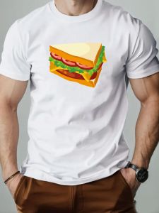 Mens T-Shirt Cartoon Sandwich Pattern Printed Fashion Leisure Sports Mens Round Neck T-shirt High Quality Mens Clothing