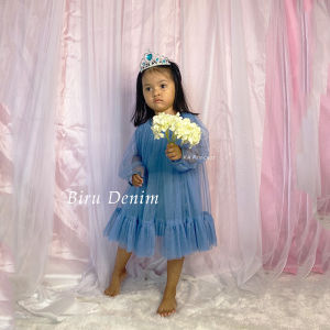 Baju Warna Biru Denim Midi Dress Terbaru 2025 Denim Anak Perempuan Gaun Pesta Anak Cewek 3 4 Tahun Korean Style Modis Model Lengan Panjang Warna Soft Blue KA155