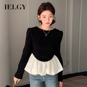 IELGY Korean chic autumn retro niche round neck backless splicing ruffled long-sleeved top for women