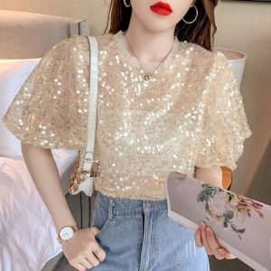 Women Sequined Top Short Sleeve Bling Shiny T Shirt Lady sparkling T Shirt Formal Clothes Temperament Party Nightclub Dress㏇X0408