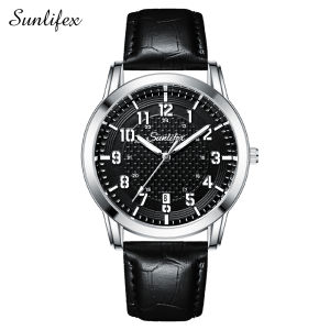 SUNLIFEX Jam Tangan Pria Kuarsa Klasik Santai Anti Air Calendar Tali Kulit Jam Tangan Cowok Free Box