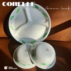 Corelle USA - Green Leaf - Combo 02 Tô Chẹc + 01 Dĩa 3 Ngăn
