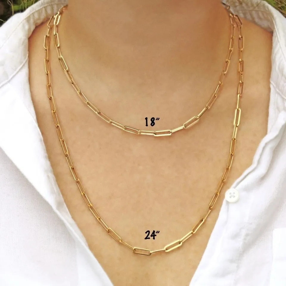 18k Saudi Gold Chain Necklace PAPER CLIP Chain Round Lock Settings