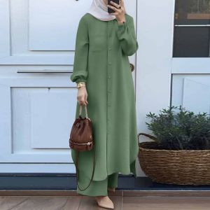 2024 Muslim Womens Wear Exclusive for Cross-Border Arab Style Fashion Printing Lapel Puff Sleeve Shirt Trousers Suit