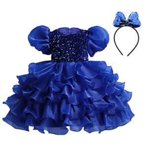 Girls Cake Puff Dress Birthday Flower Girl Sequin Dance Performance Dress Princess Gown with Headband