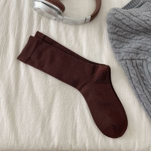 Retro Phụ Nữ Cotton vớ lỏng Mùa Thu Mùa Đông Đan màu trơn Dài Đen Đỏ Hàn Quốc Nhật Bản Sinh Viên Cô Gái Crew Trung vớ ống