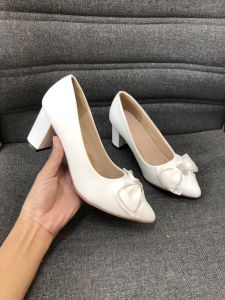 Giày cao gót công sở 5cm gót vuông mũi nhọn có nơ lụa kiểu dáng tiểu thư đế cao su non mềm êm chân